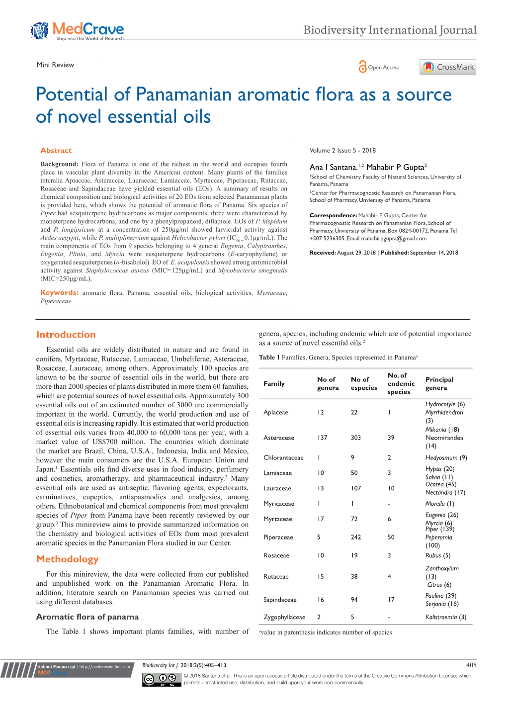 Potential of Panamanian Aromatic Flora As a Source of Novel Essential Oils