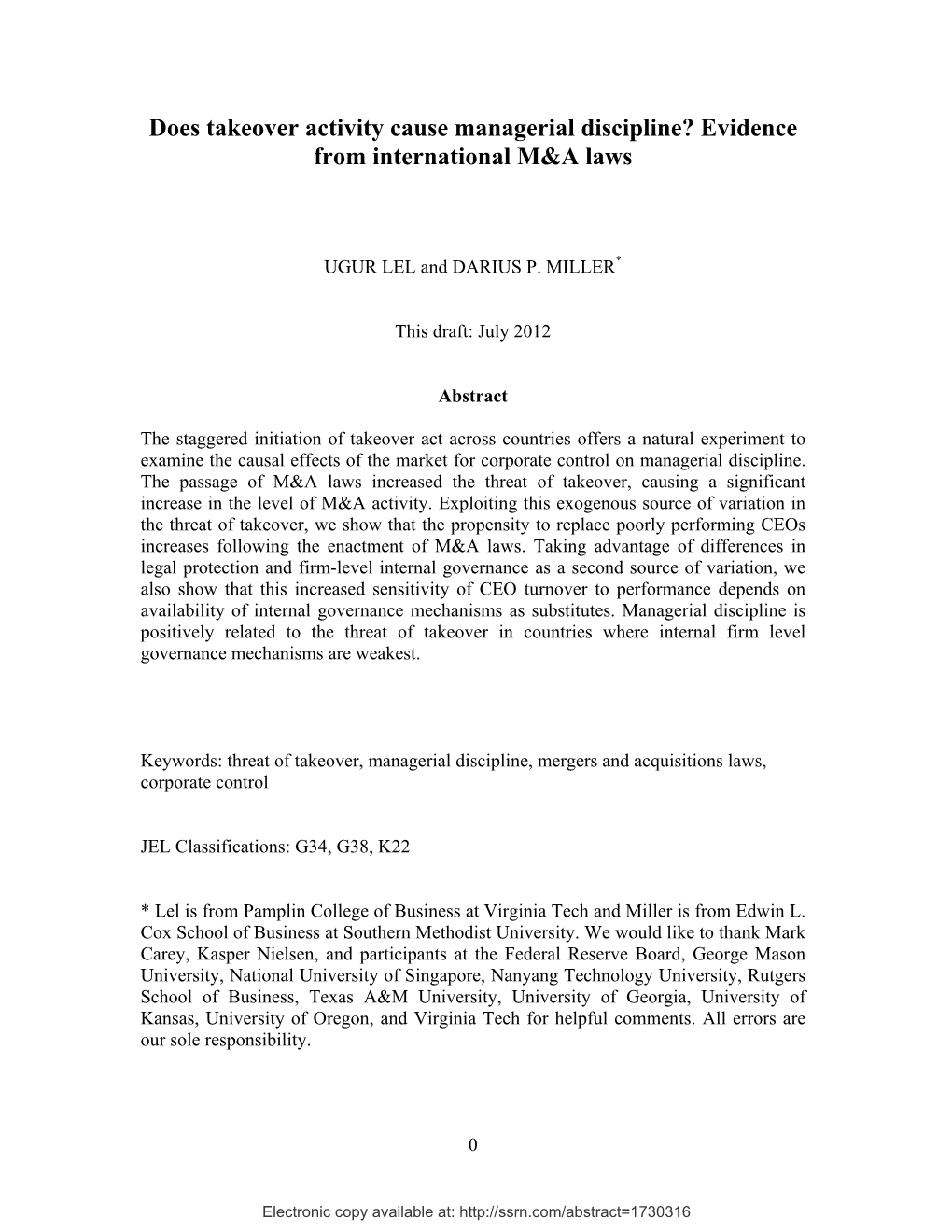 Does Takeover Activity Cause Managerial Discipline? Evidence from International M&A Laws