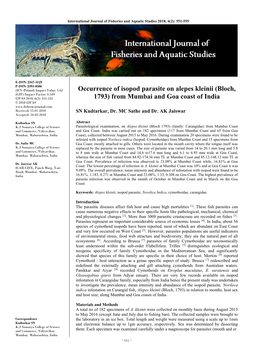 Occurrence of Isopod Parasite on Alepes Kleinii (Bloch, 1793)