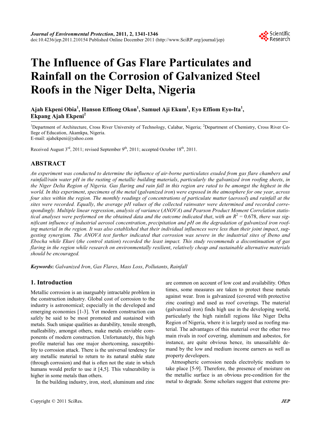 The Influence of Gas Flare Particulates and Rainfall on the Corrosion of Galvanized Steel Roofs in the Niger Delta, Nigeria