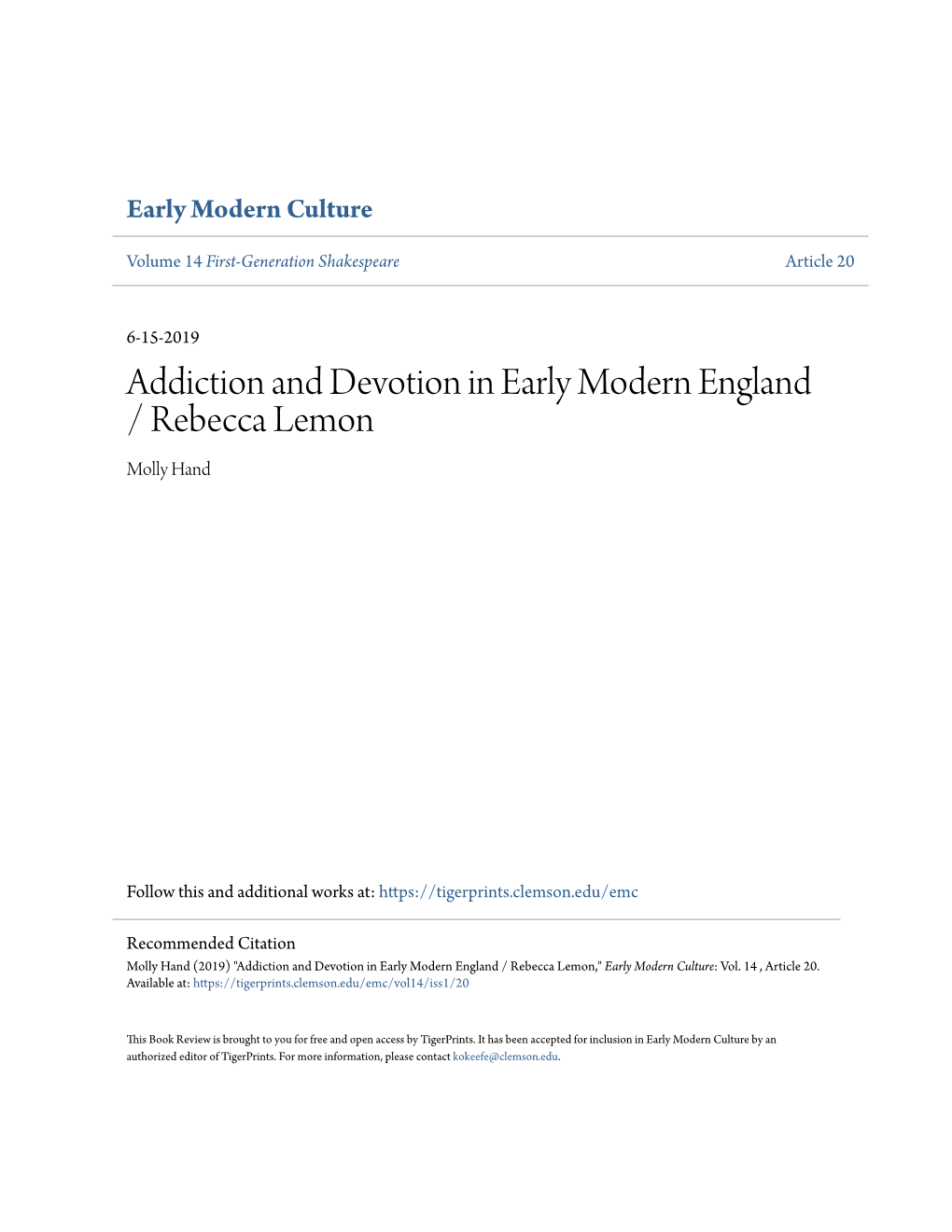 Addiction and Devotion in Early Modern England / Rebecca Lemon Molly Hand