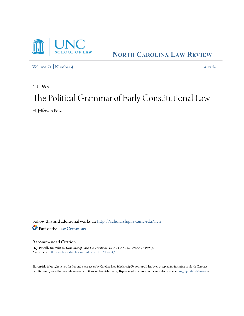 The Political Grammar of Early Constitutional Law, 71 N.C