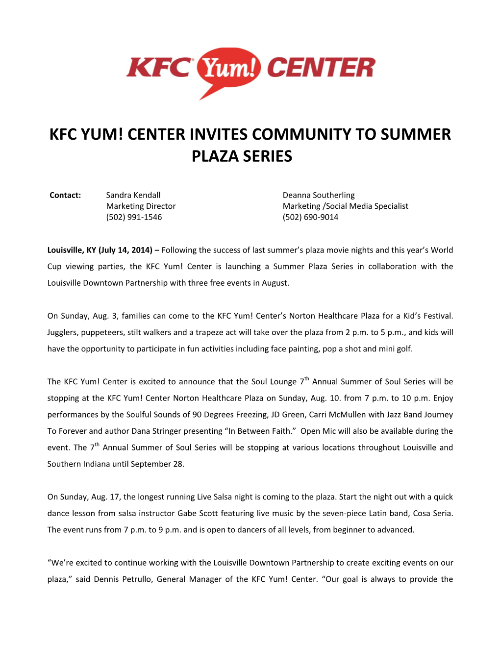 Kfc Yum! Center Invites Community to Summer Plaza Series