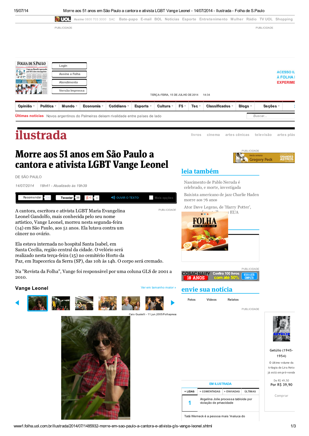 Folha 14072014 Morre Aos 51 Anos Em Sao Paulo a Cantora E Ativista LGBT Vange Leonel