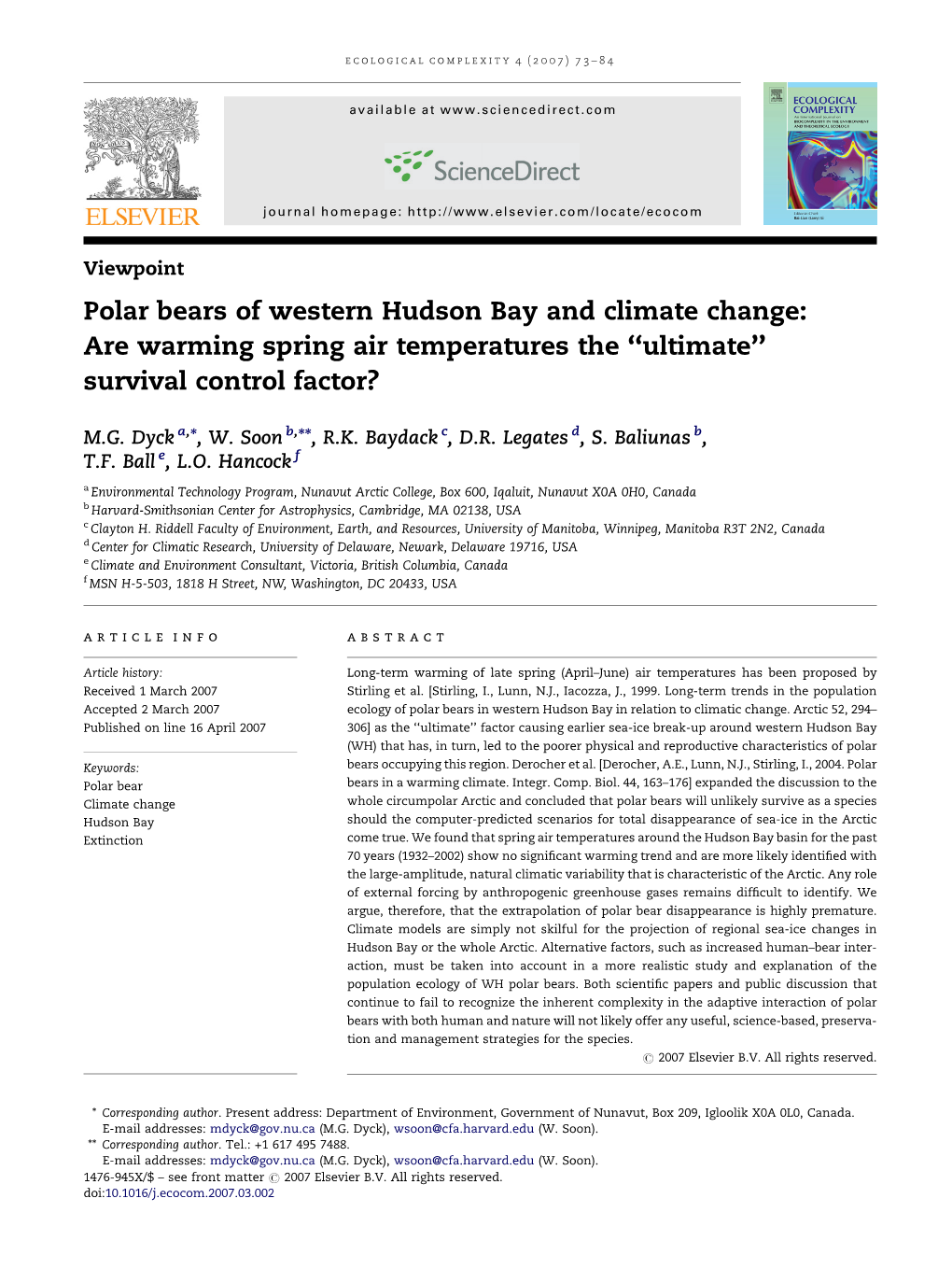 Polar Bears of Western Hudson Bay and Climate Change: Are Warming Spring Air Temperatures the ‘‘Ultimate’’ Survival Control Factor?