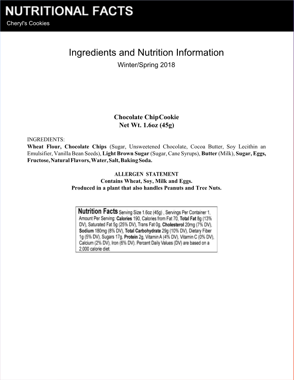 Ingredients and Nutrition Information Winter/Spring 2018