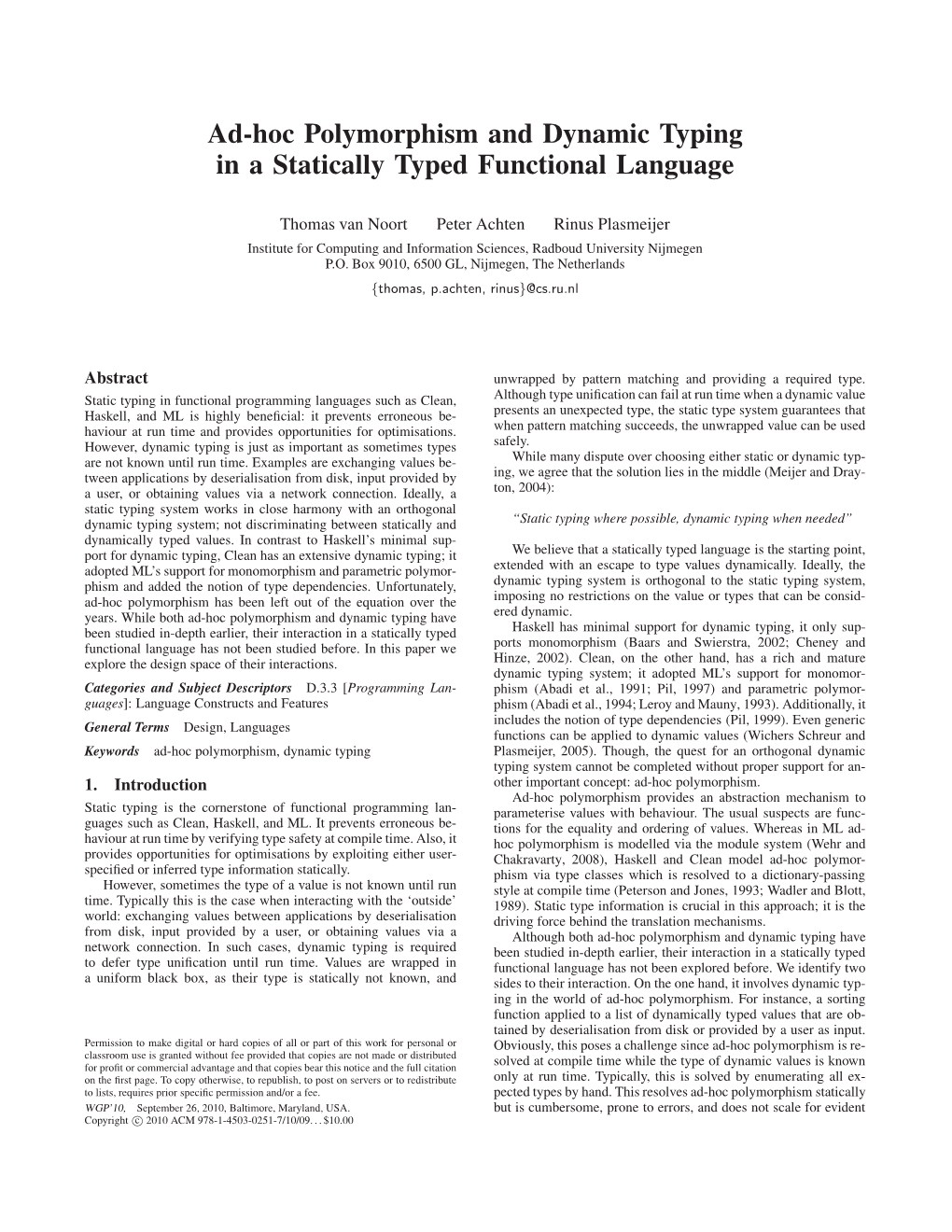 Ad-Hoc Polymorphism and Dynamic Typing in a Statically Typed Functional Language