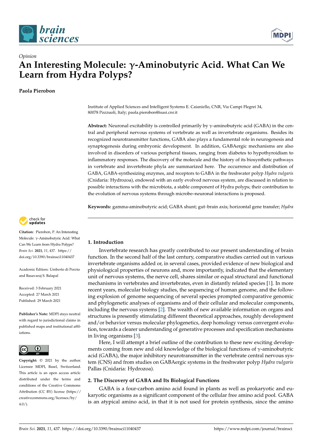 Aminobutyric Acid. What Can We Learn from Hydra Polyps?