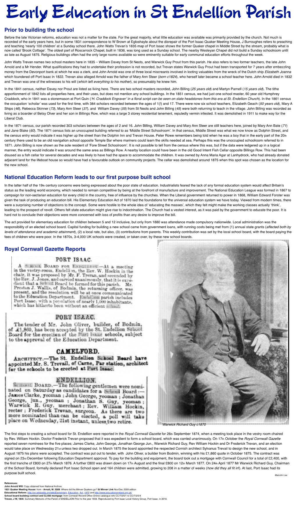 Early Education in St Endellion Parish Prior to Building the School Before the Late Victorian Reforms, Education Was Not a Matter for the State