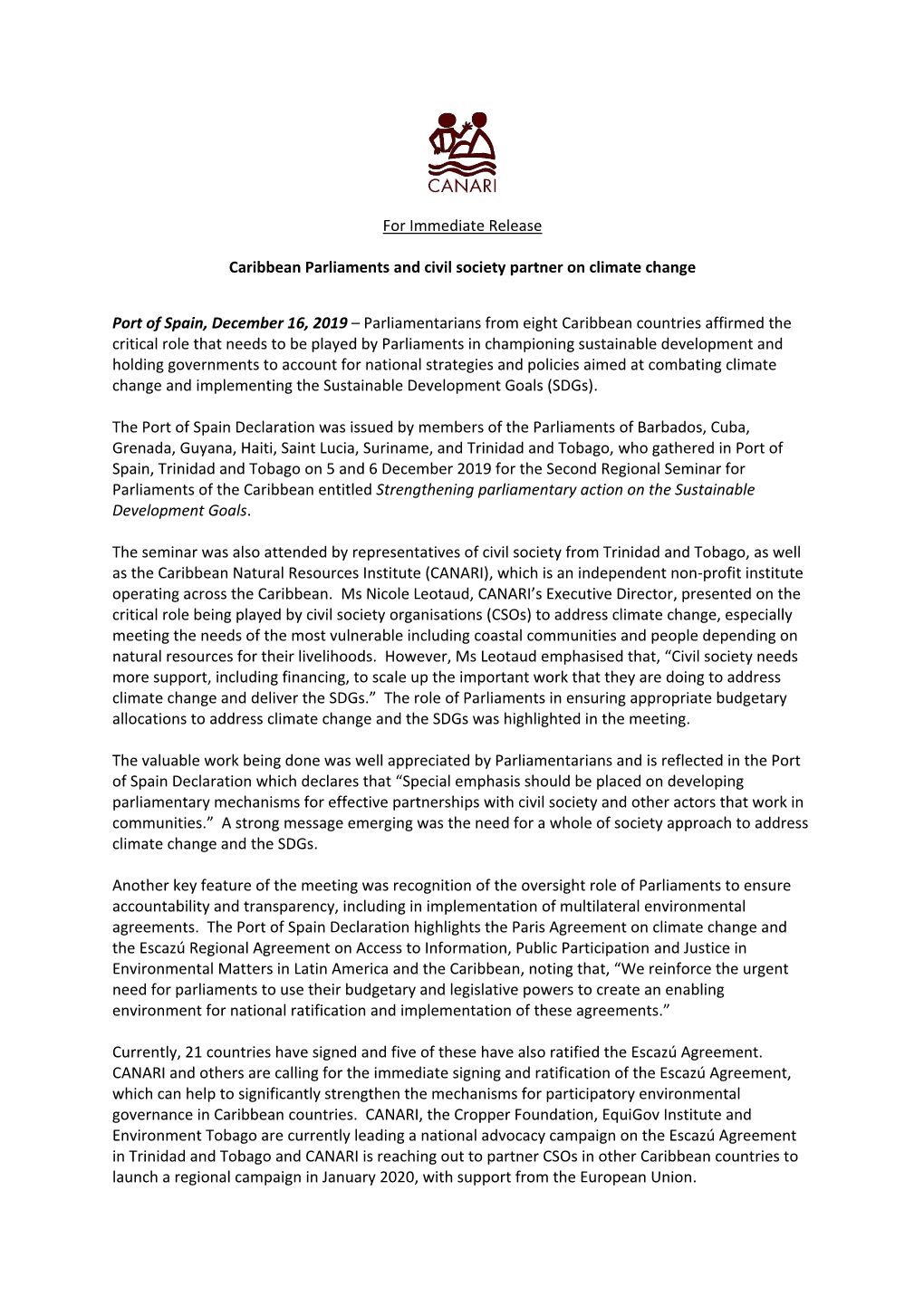 For Immediate Release Caribbean Parliaments and Civil Society Partner on Climate Change Port of Spain, December 16, 2019 –