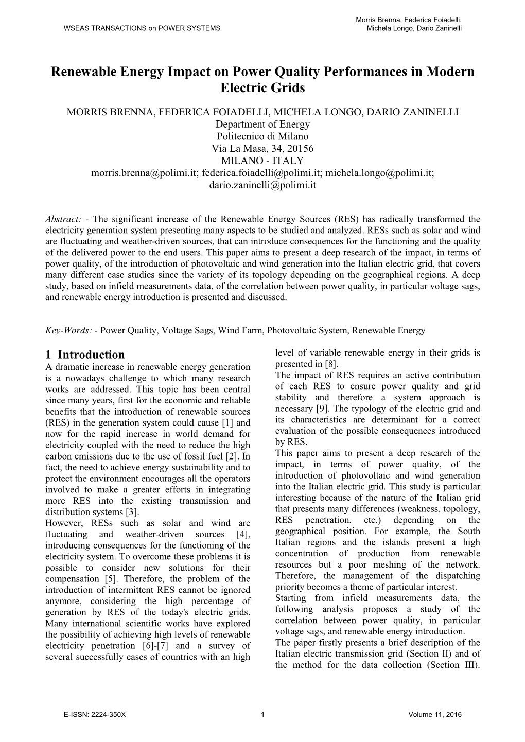 Renewable Energy Impact on Power Quality Performances in Modern Electric Grids