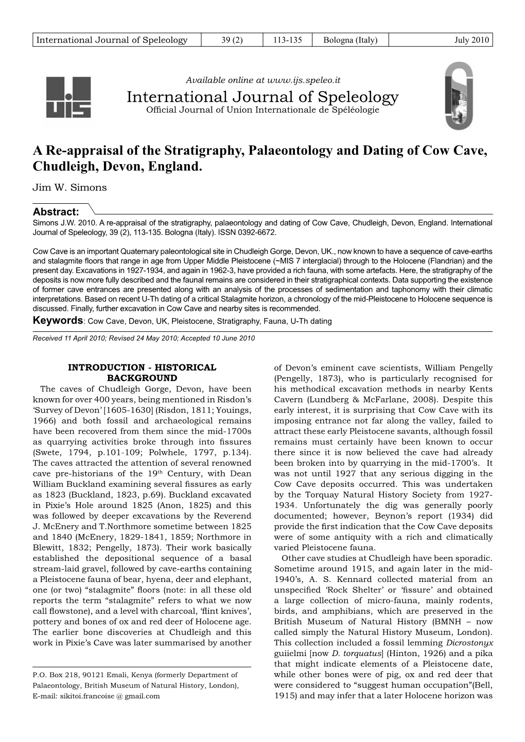 A Re-Appraisal of the Stratigraphy, Palaeontology and Dating of Cow Cave, Chudleigh, Devon, England