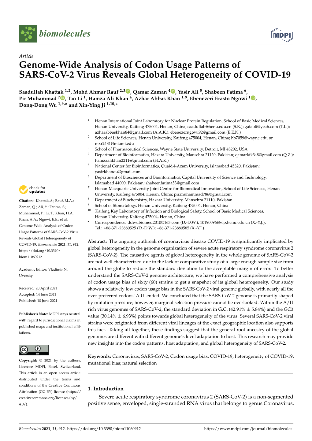 Genome-Wide Analysis of Codon Usage Patterns of SARS-Cov-2 Virus Reveals Global Heterogeneity of COVID-19