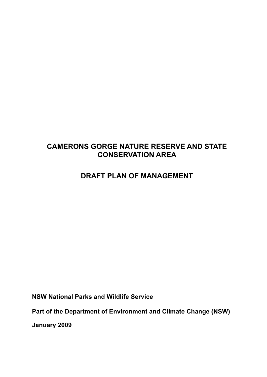 Camerons Gorge Nature Reserve and State Conservation Area Draft Plan Of