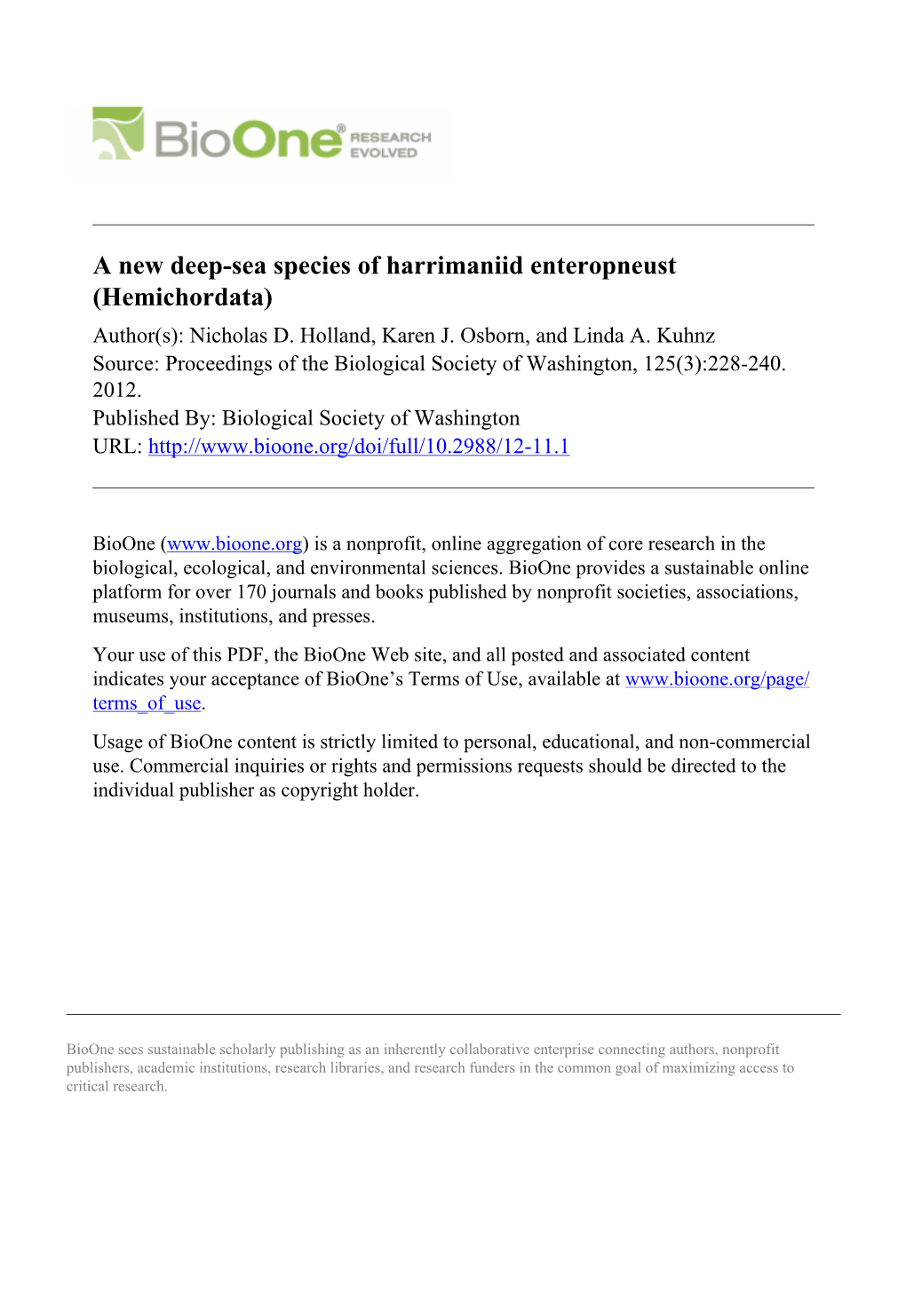 A New Deep-Sea Species of Harrimaniid Enteropneust (Hemichordata) Author(S): Nicholas D