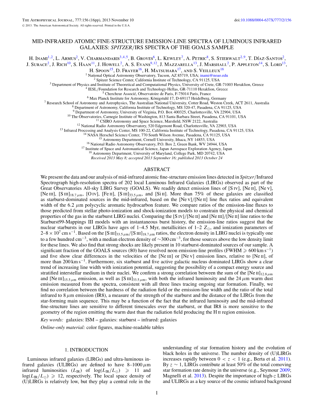 Mid-Infrared Atomic Fine-Structure Emission-Line Spectra of Luminous Infrared Galaxies: Spitzer/Irs Spectra of the Goals Sample