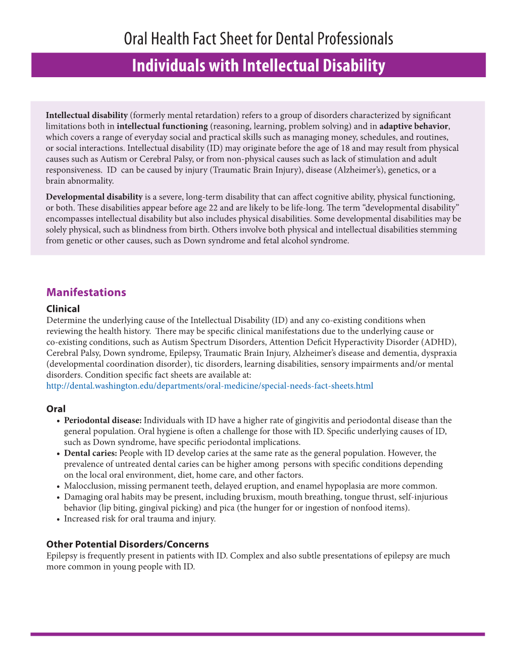 Oral Health Fact Sheet for Dental Professionals Individuals with Intellectual Disability