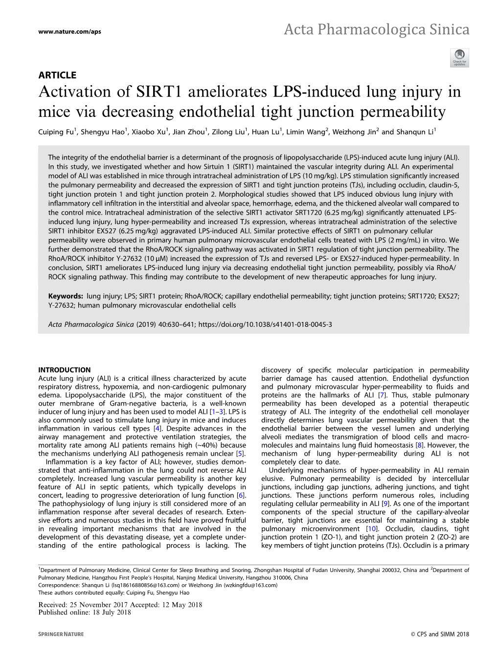 Activation of SIRT1 Ameliorates LPS-Induced Lung Injury in Mice Via Decreasing Endothelial Tight Junction Permeability