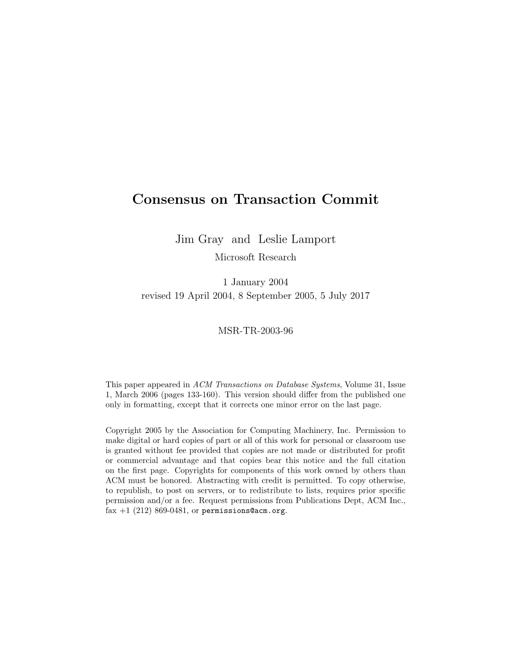 Consensus on Transaction Commit