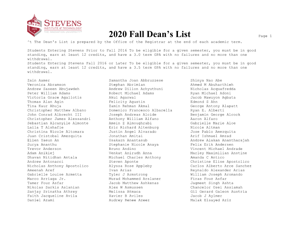 2020 Fall Dean's List