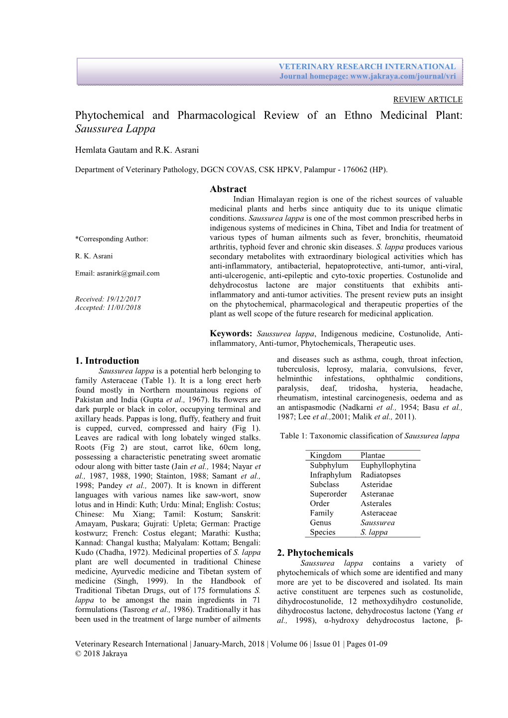 Phytochemical and Pharmacological Review of an Ethno Medicinal Plant: Saussurea Lappa