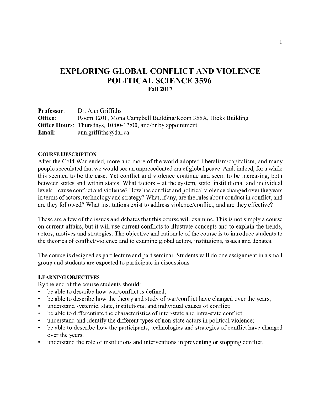 EXPLORING GLOBAL CONFLICT and VIOLENCE POLITICAL SCIENCE 3596 Fall 2017