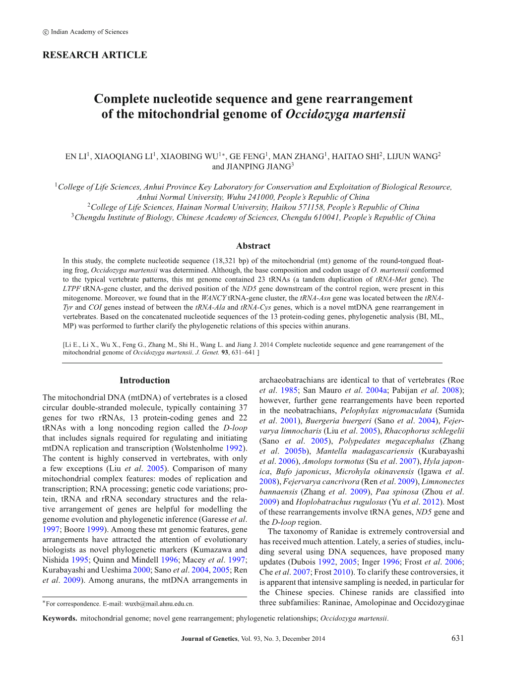 Complete Nucleotide Sequence and Gene Rearrangement of the Mitochondrial Genome of Occidozyga Martensii