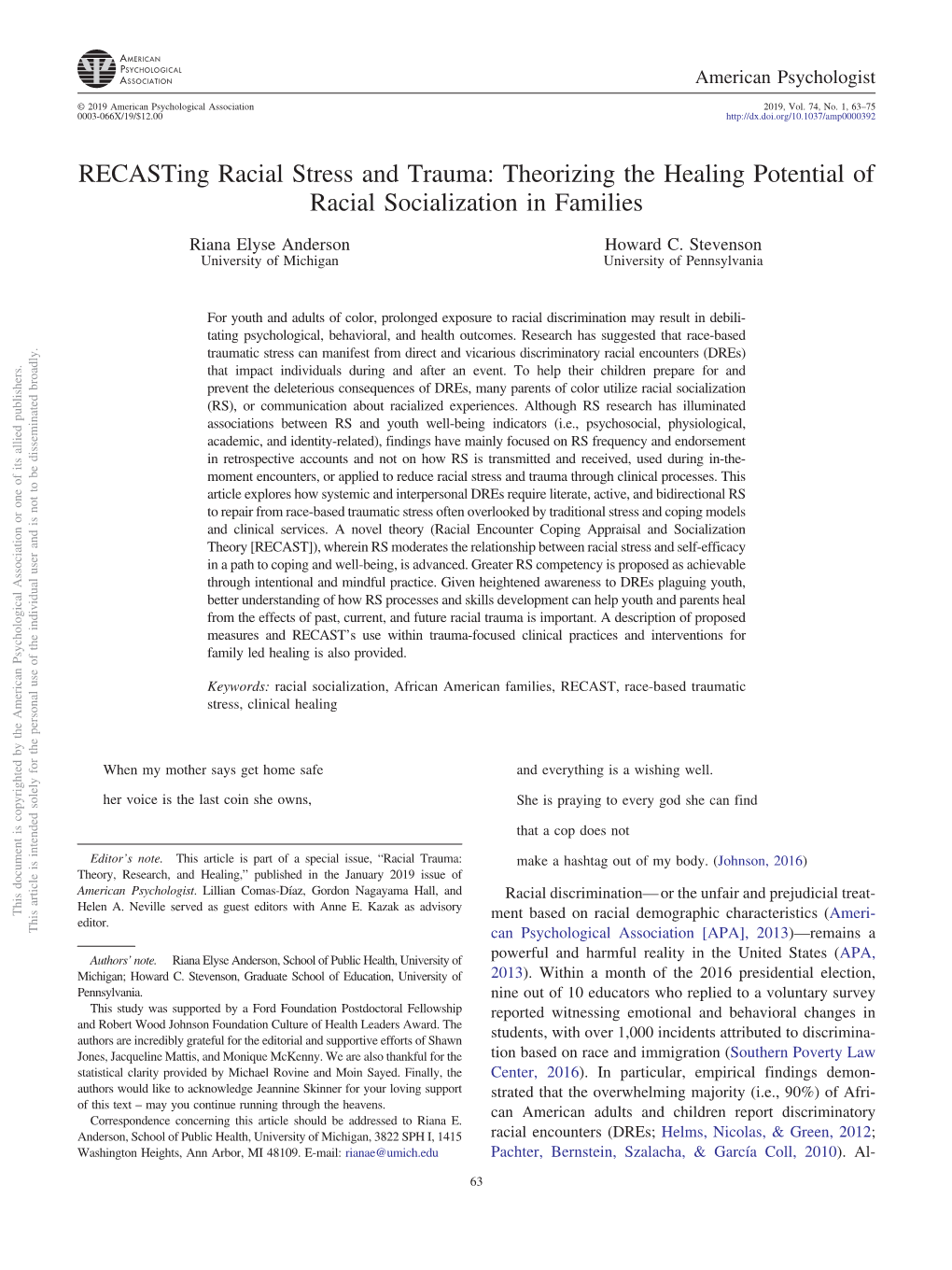 Recasting Racial Stress and Trauma: Theorizing the Healing Potential of Racial Socialization in Families