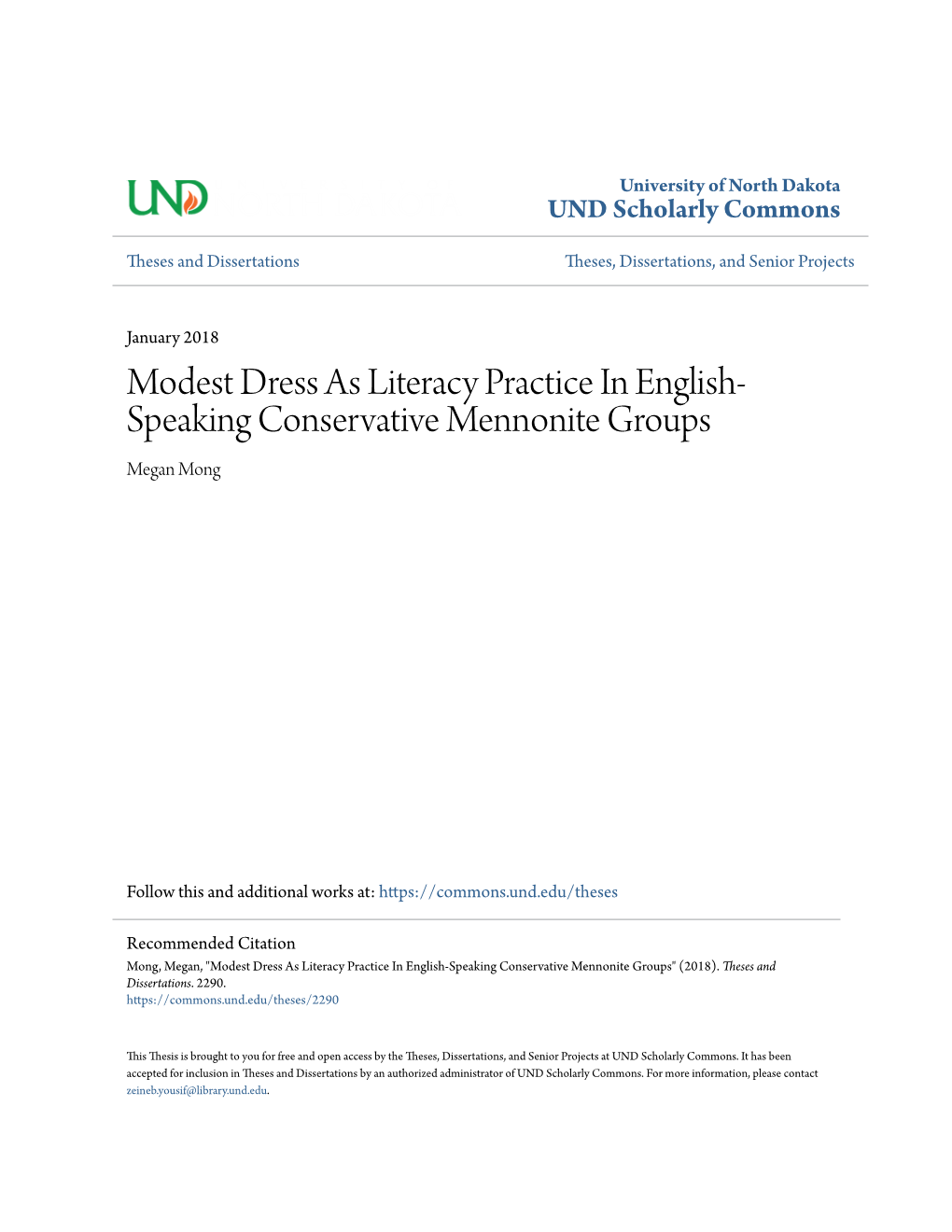 Modest Dress As Literacy Practice in English-Speaking Conservative Mennonite Groups" (2018)