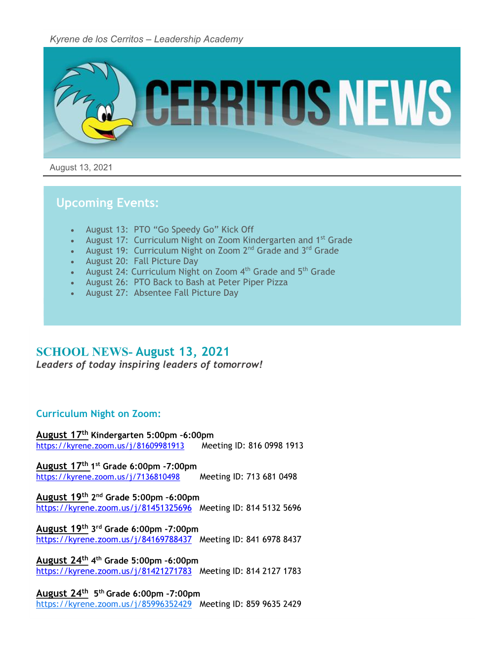 Upcoming Events: SCHOOL NEWS- August 13, 2021