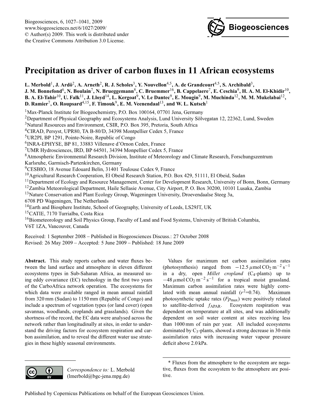 Precipitation As Driver of Carbon Fluxes in 11 African Ecosystems