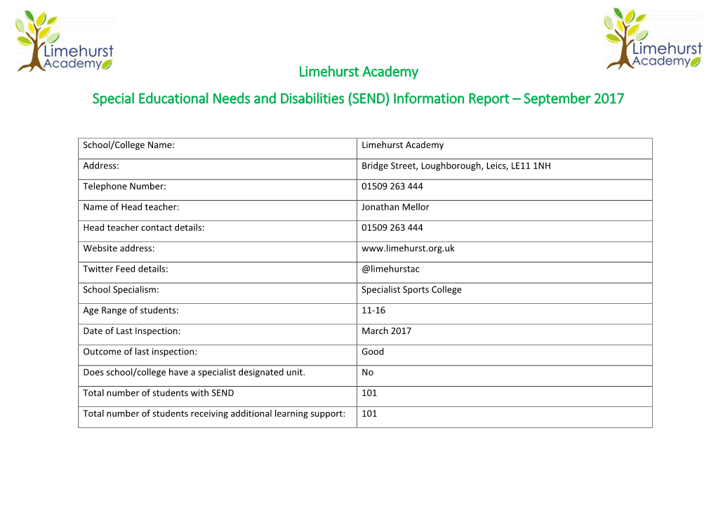 Limehurst Academy Special Educational Needs and Disabilities (SEND) Information Report – September 2017