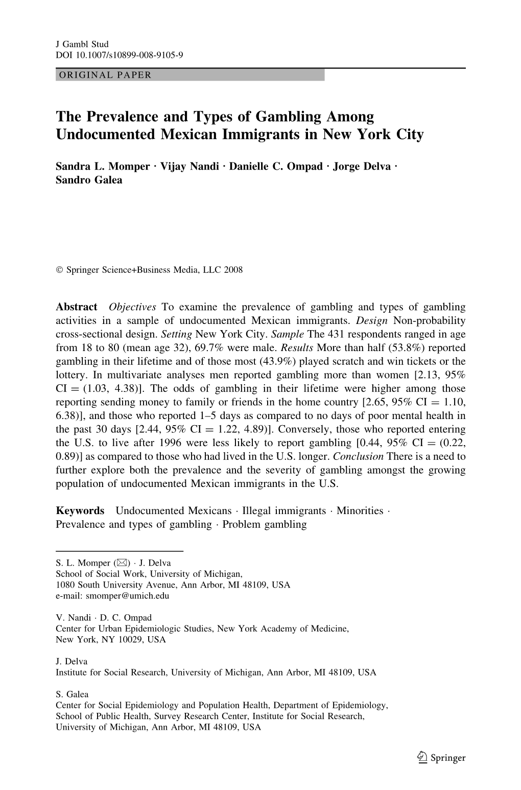 The Prevalence and Types of Gambling Among Undocumented Mexican Immigrants in New York City