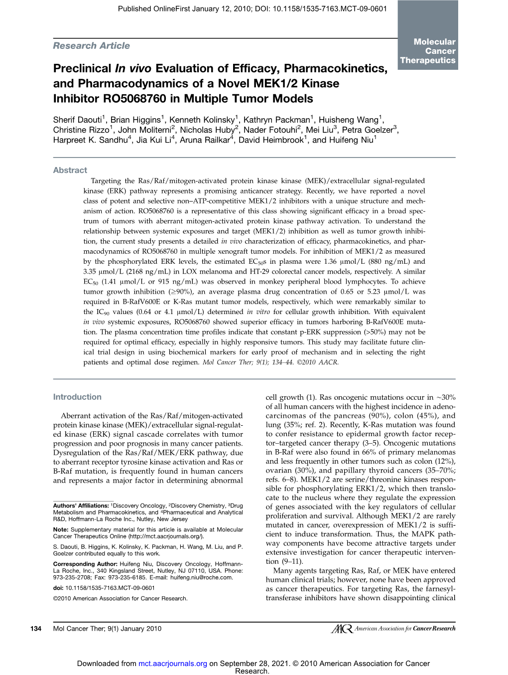 Preclinical in Vivo Evaluation of Efficacy, Pharmacokinetics, and Pharmacodynamics of a Novel MEK1/2 Kinase Inhibitor RO5068760 in Multiple Tumor Models