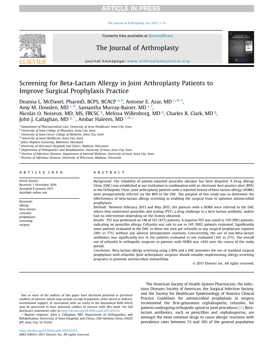 Screening for Beta-Lactam Allergy in Joint Arthroplasty Patients to Improve Surgical Prophylaxis Practice the Journal of Arthrop