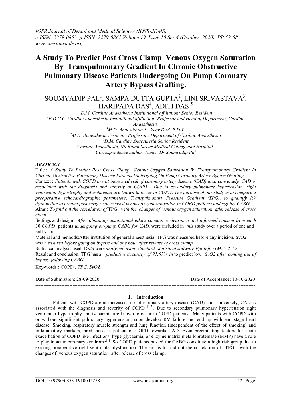 A Study to Predict Post Cross Clamp Venous Oxygen Saturation by Transpulmonary Gradient in Chronic Obstructive Pulmonary Disea