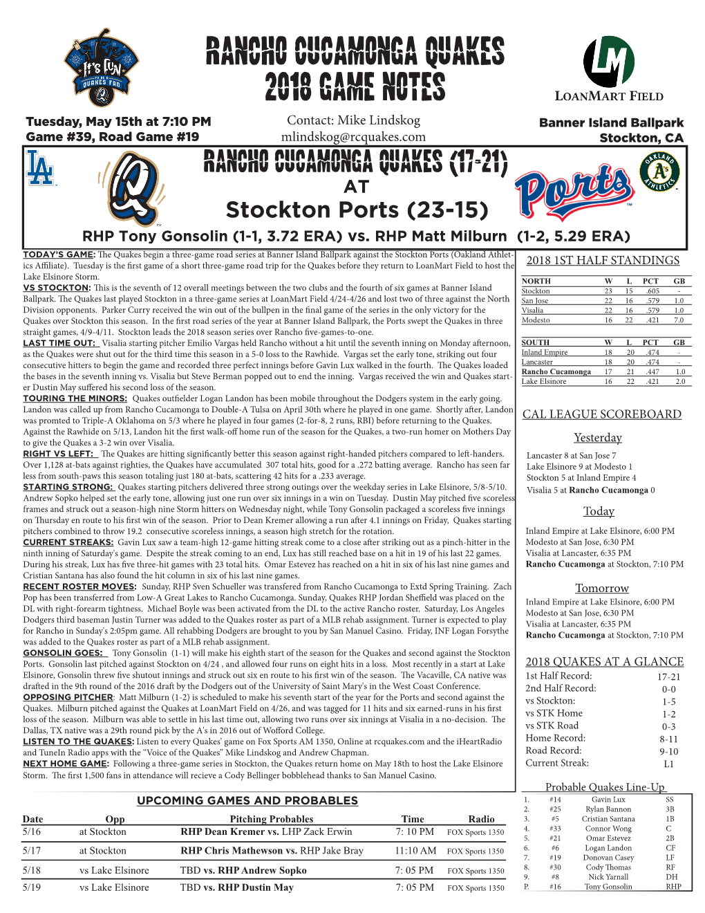 Rancho Cucamonga Quakes 2018 Game Notes