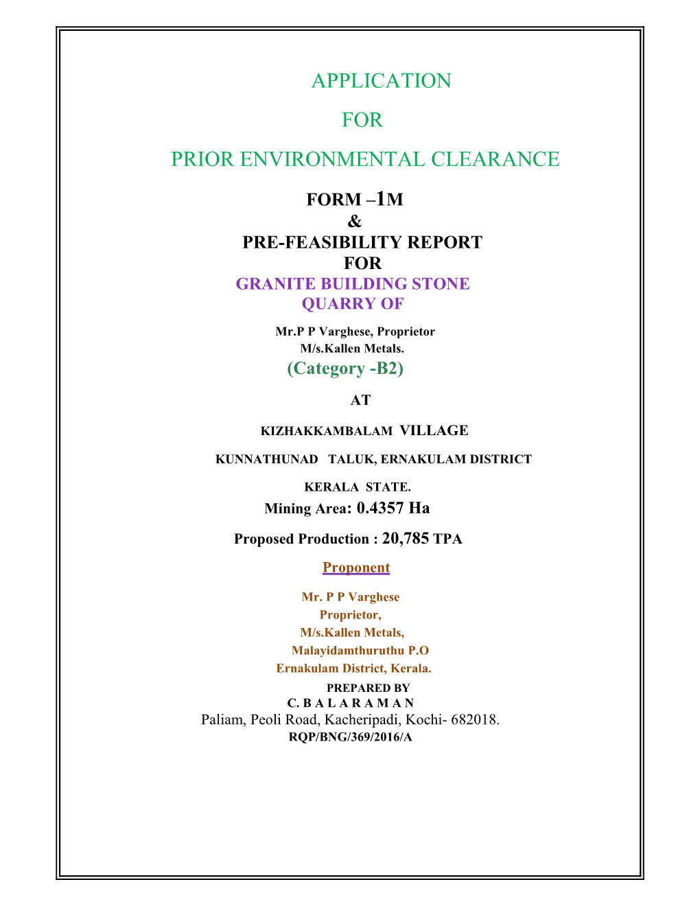 Application for Prior Environmental Clearance