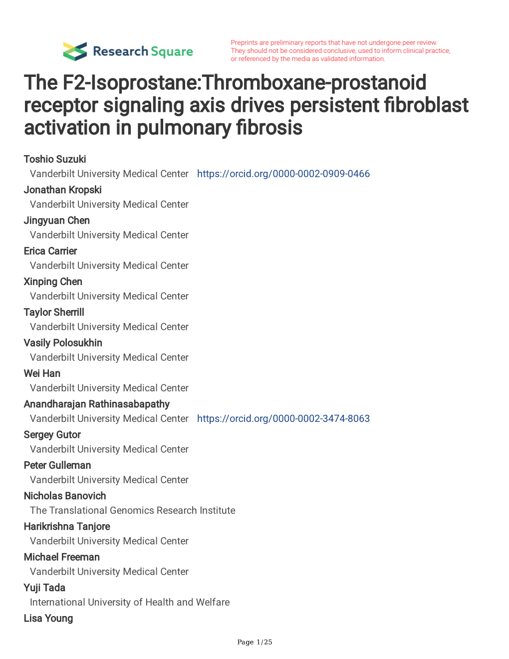 The F2-Isoprostane:Thromboxane-Prostanoid Receptor Signaling Axis Drives Persistent Fbroblast Activation in Pulmonary Fbrosis