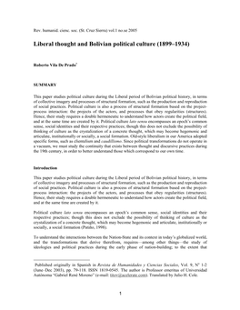 Liberal Thought and Bolivian Political Culture (1899– 1934)