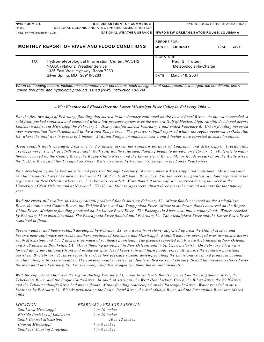 Monthly Report of River and Flood Conditions Month February Year 2004