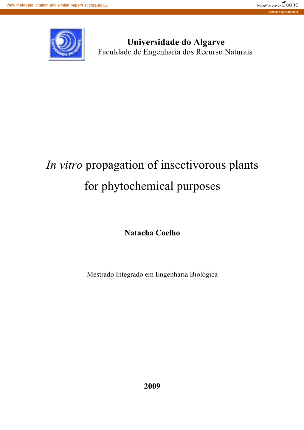 In Vitro Propagation of Insectivorous Plants for Phytochemical Purposes