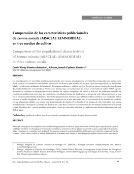 Comparación De Las Características Poblacionales De Lemna Minuta (ARACEAE: LEMNOIDEAE) En Tres Medios De Cultivo