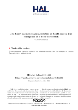 The Body, Cosmetics and Aesthetics in South Korea the Emergence of a Field of Research Valérie Gelézeau