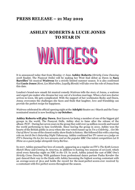 PRESS RELEASE – 21 May 2019 ASHLEY ROBERTS & LUCIE