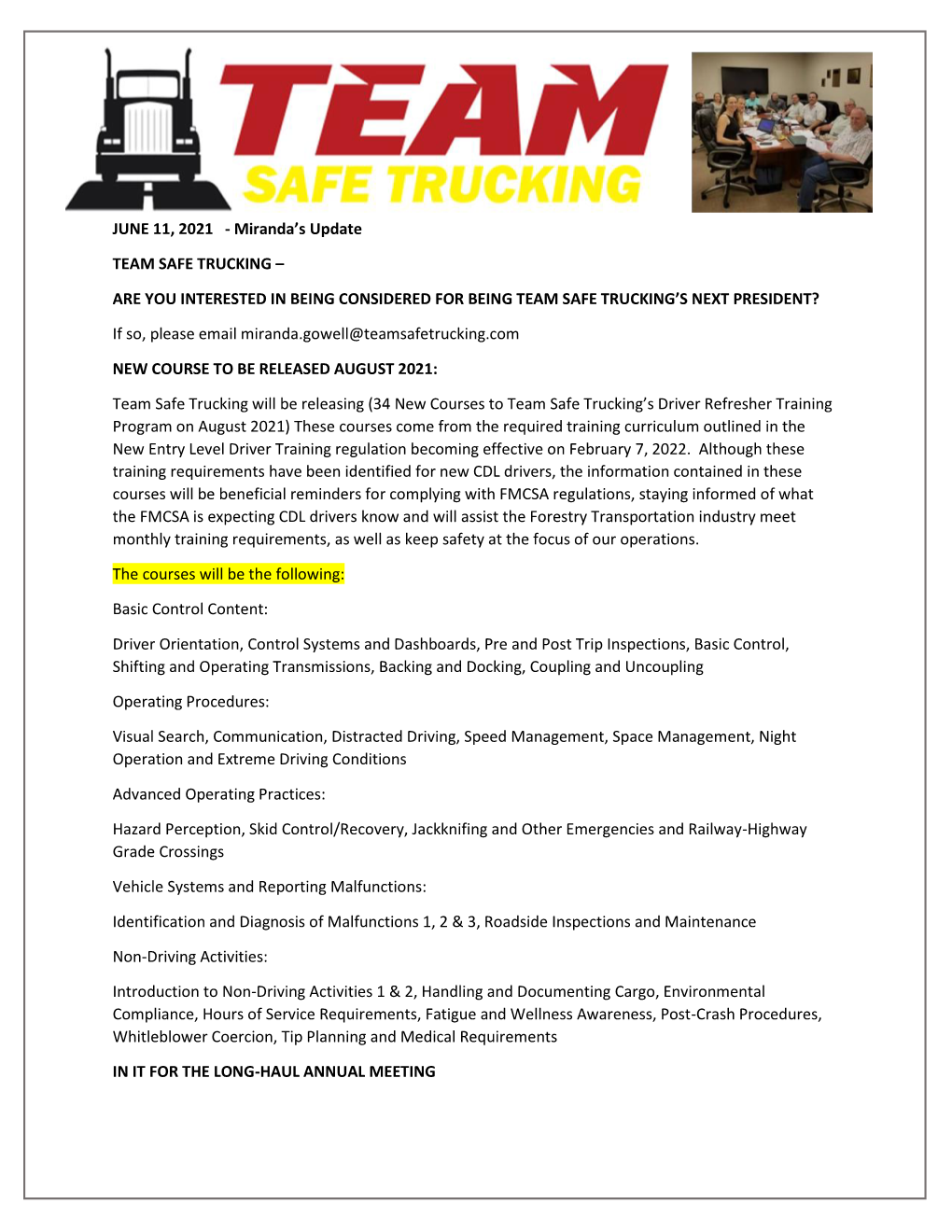 Miranda's Update TEAM SAFE TRUCKING