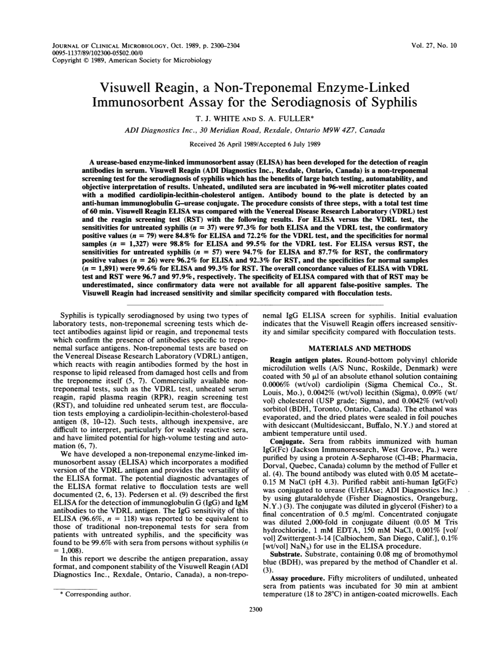 Visuwell Reagin, a Non-Treponemal Enzyme-Linked Immunosorbent Assay for the Serodiagnosis of Syphilis T