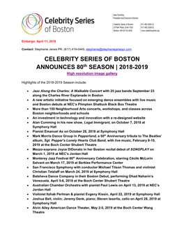 CELEBRITY SERIES of BOSTON ANNOUNCES 80Th SEASON | 2018-2019 High Resolution Image Gallery