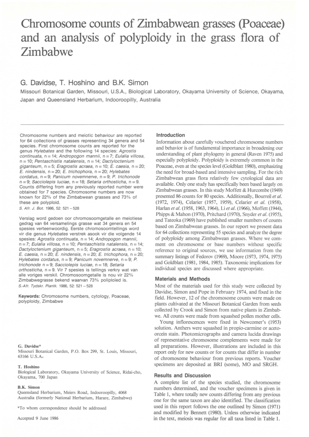 Chromosome Counts of Zimbabwean Grasses (Poaceae) and an Analysis of Polyploidy in the Grass Flora of Zimbabwe