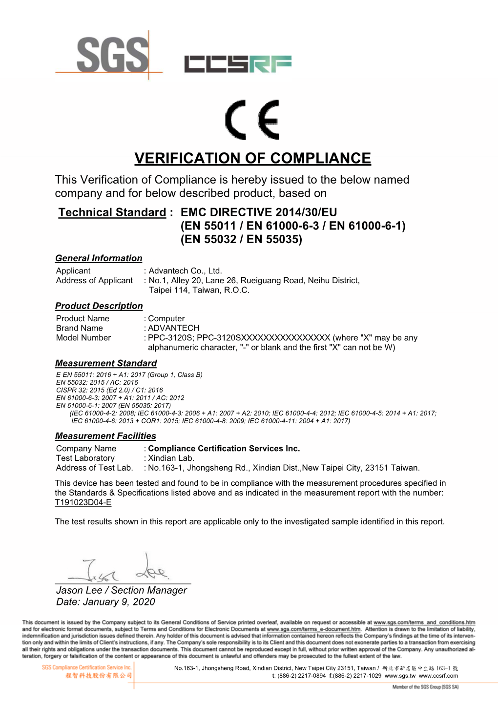 VERIFICATION of COMPLIANCE This Verification of Compliance Is Hereby Issued to the Below Named Company and for Below Described Product, Based On